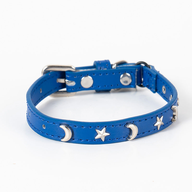 3 pcs Dark blue Stylish PU Leather Pet Collar - Anti-Loss, Puppy Bell, Star & Moon Design Width 1.2cm Total Length 35cm