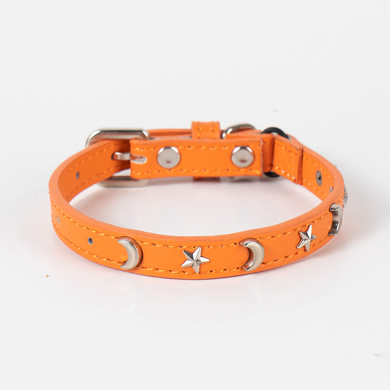 3 pcs Orange Stylish PU Leather Pet Collar - Anti-Loss, Puppy Bell, Star & Moon Design Width 1.2cm Total Length 35cm