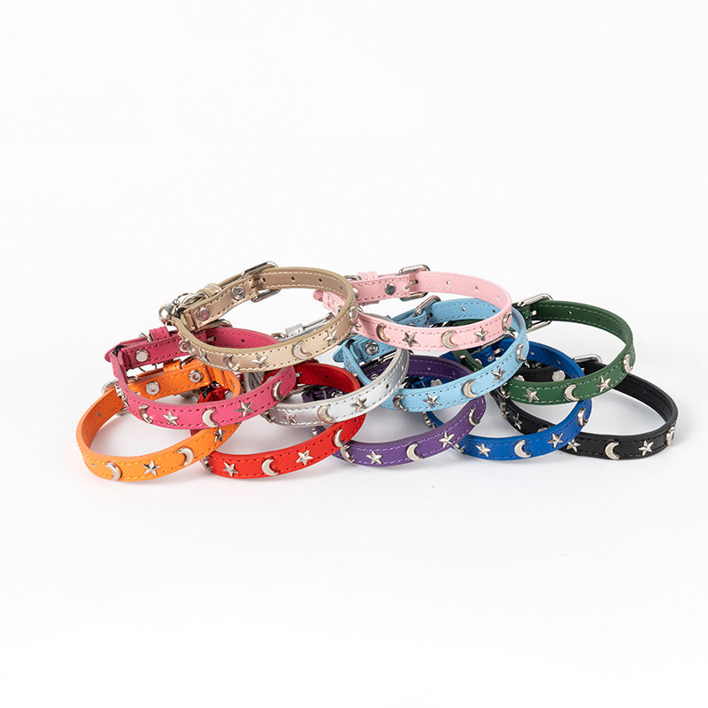 3 pcs Green Stylish PU Leather Pet Collar - Anti-Loss, Puppy Bell, Star & Moon Design Width 1.2cm Total Length 35cm