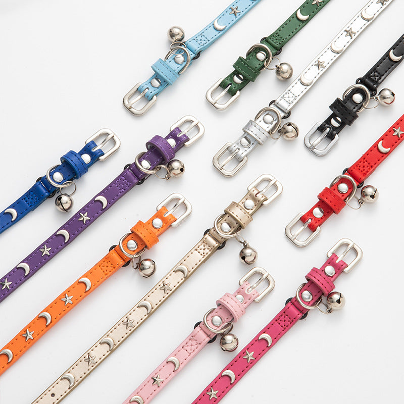 3 pcs Dark blue Stylish PU Leather Pet Collar - Anti-Loss, Puppy Bell, Star & Moon Design Width 1.2cm Total Length 35cm