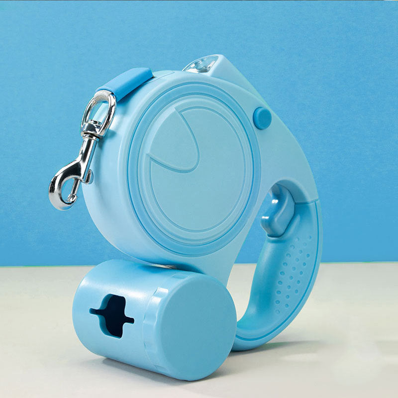 Blue 3M Retractable Dog Leash - Built-in LED Light (No Batteries) and Bag Holder