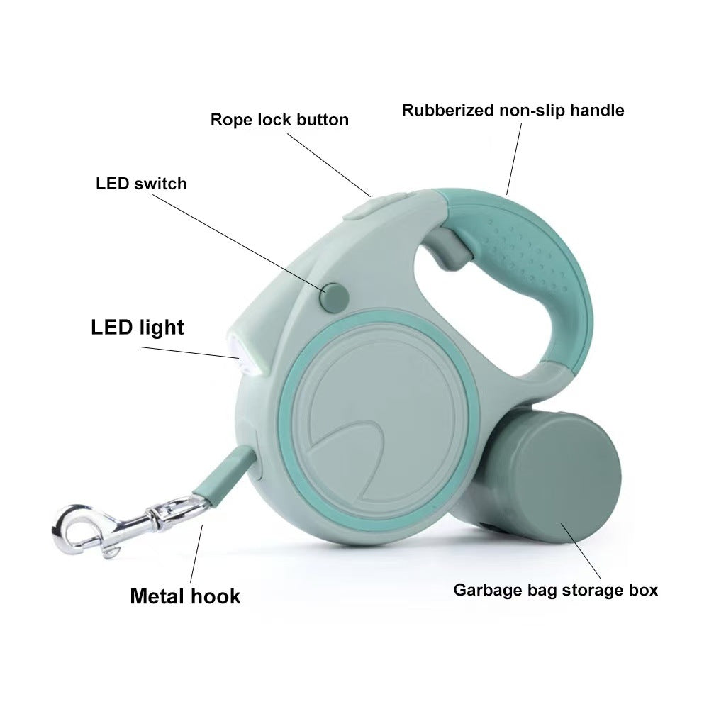Blue 3M Retractable Dog Leash - Built-in LED Light (No Batteries) and Bag Holder