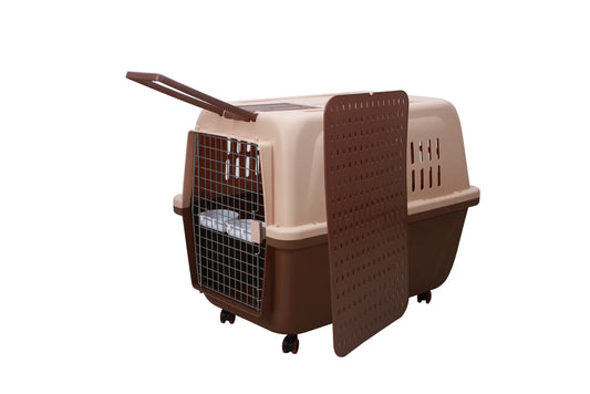 YES4PETS LARGE PLASTIC KENNELS PET CARRIER DOG CAT CAGE CRATE WITH HANDLE AND WHEEL BROWN