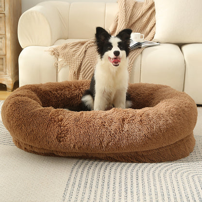Fluffy Donut-Shaped Pet Bed- Soft, Cozy, and Anti-Anxiety for Dogs and Cats, Machine Washable khaki Size:L 90*65*20cm