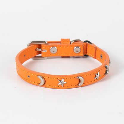3 pcs Orange Stylish PU Leather Pet Collar - Anti-Loss, Puppy Bell, Star & Moon Design Width 1.2cm Total Length 35cm