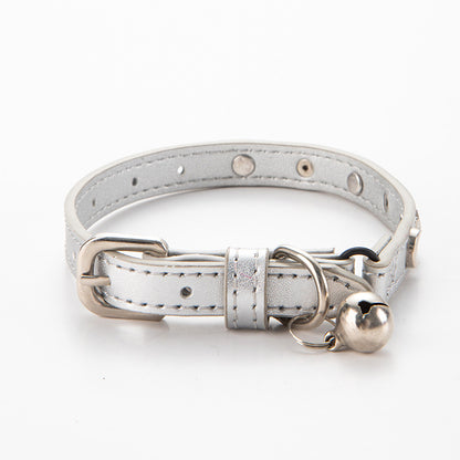 3 pcs Silver Stylish PU Leather Pet Collar - Anti-Loss, Puppy Bell, Star & Moon Design Width 1.2cm Total Length 35cm