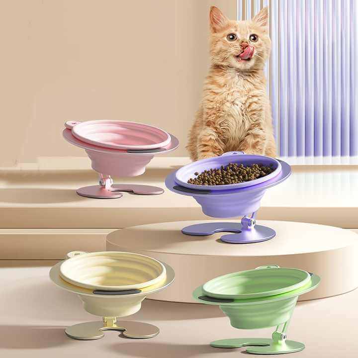 Foldable Elevated Pet Bowl Set - Tilted Ergonomic Cat Feeder with Aluminum Stand & Silicone Bowl