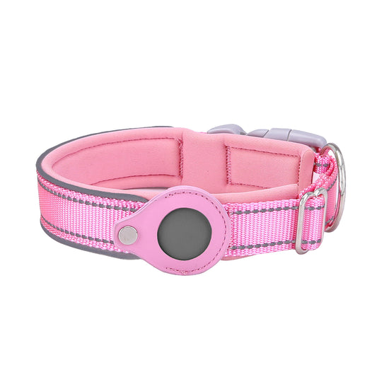 Pink Secure Nylon Dog Collar with Built-in Apple AirTag (not included) Holder Case - Pet Tracker Accessory