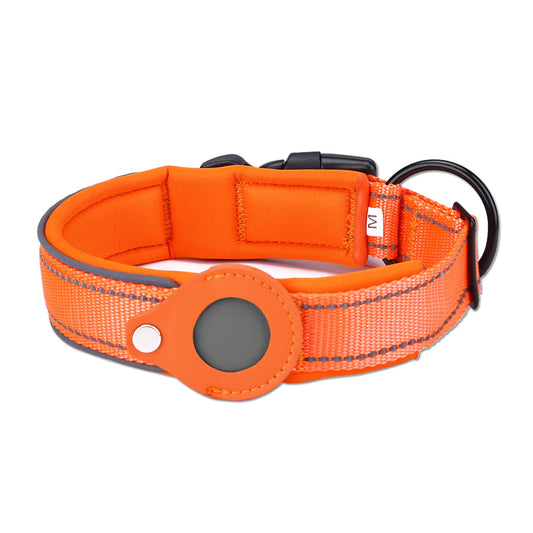 Orange Secure Nylon Dog Collar with Built-in Apple AirTag (not included) Holder Case - Pet Tracker Accessory
