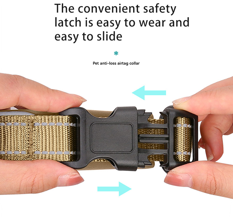 Khaki Secure Nylon Dog Collar with Built-in Apple AirTag (not included) Holder Case - Pet Tracker Accessory