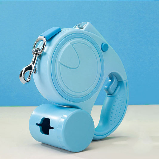 Blue 3M Retractable Dog Leash - Built-in LED Light (No Batteries) and Bag Holder